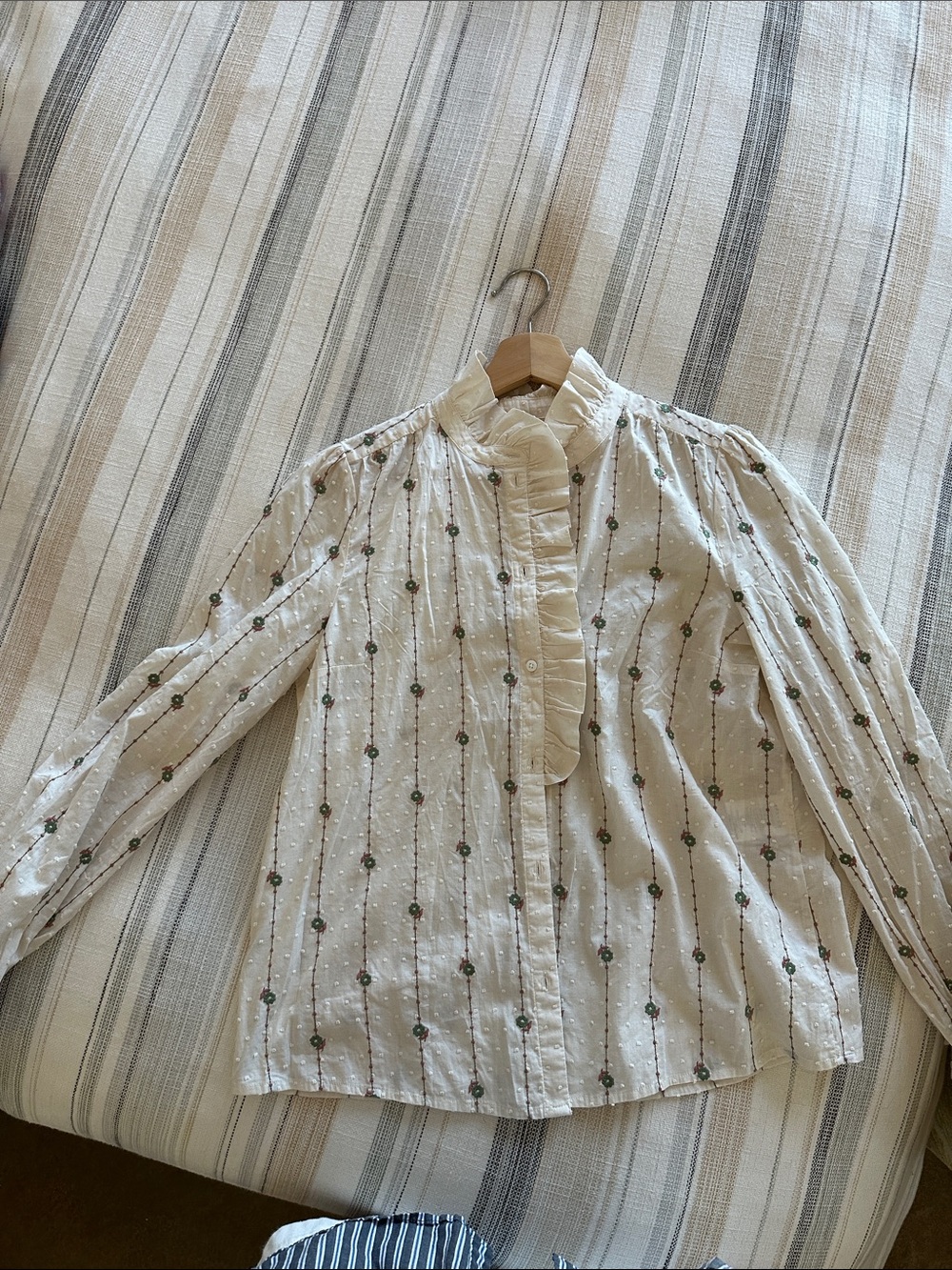 Sezane Chlo Shirt Sage/ Camel Embroidery On Ecru - Size 8